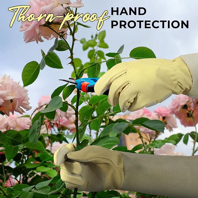 HANDLANDY Rose Pruning Gloves for Men Women, Thorn Proof Gardening Gloves | Long Leather Gardening Gloves, Breathable Leather Gauntlet, Best Garden Gifts & Tools for Gardener (Vanilla, XL)