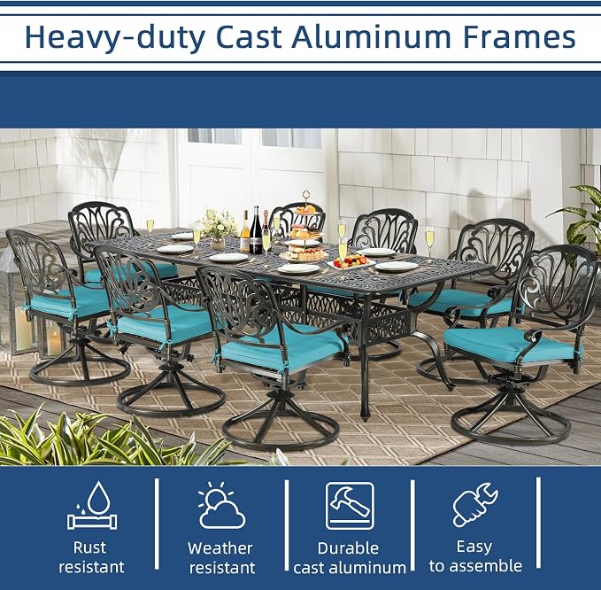 9-Piece Patio Cast Aluminum Dining Set, Outdoor Dining Furniture Set for 8 Person, Includes 94.5" Rectangular Dining Table and 8 Swivel Chairs with Umbrella Hole, Ocean Blue