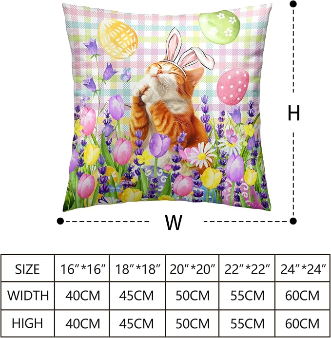 Spring Easter Pillow Covers 22x22 Set of 2 Lovely Cow Cat and Ginger Cat Wearing Bunny Ears Throw Pillow Covers Tulip Floral Pillow Case for Easter Decoration Sofa Patio Garden
