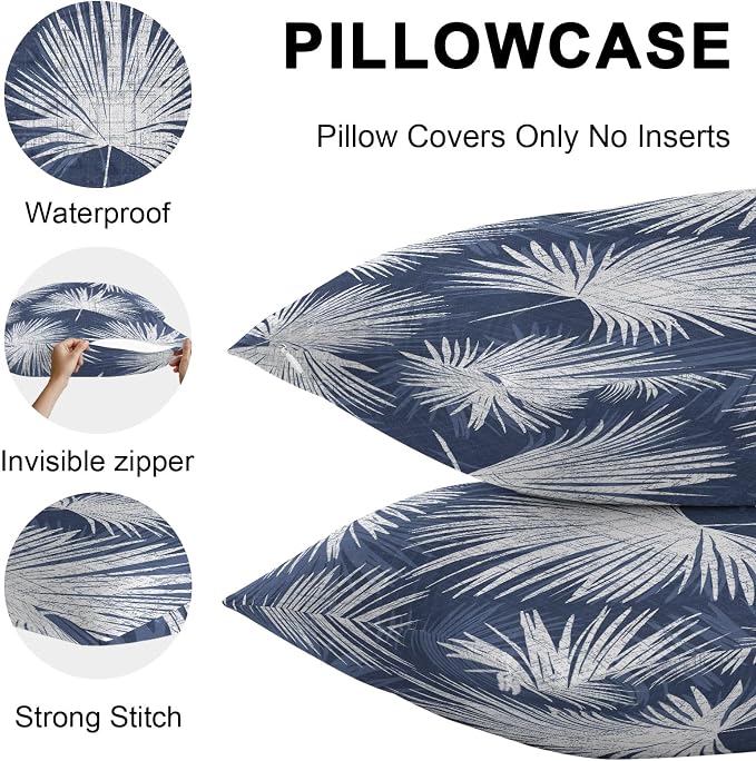 Lumbar Pillow Covers 20x12 Inch Set of 2, Navy Blue Palm Leaves Coastal Waterproof Outdoor Pillow Covers, Summer Tropical Botanical Decorative Cushion Pillowcases for Couch, Sofa, Bed, Garden, Patio