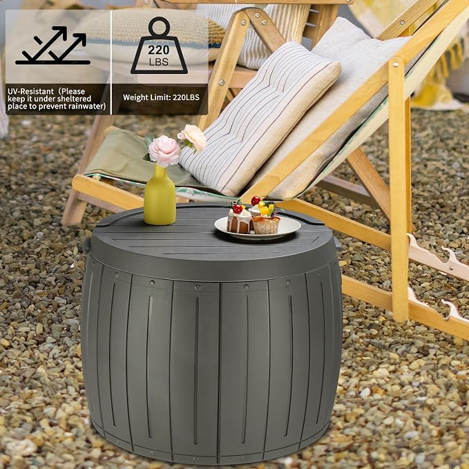 36 Gallon Round Deck Box,Resin Pool Storage Bins,Patio Furniture Outdoor Storage Boxes,Waterproof Garden Utility Tool Box,with Lid & Side Handles,for Outside Indoor Garage Lawn Backyard (Grey)