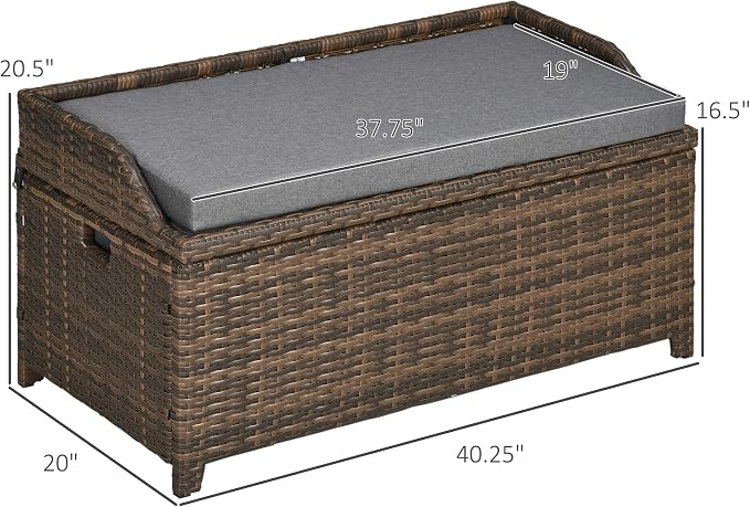 Outdoor Wicker Storage Bench Deck Box, PE Rattan Patio Furniture Pool Container Storage Bin with Interior Waterproof Bag and Comfortable Cushion, Gray