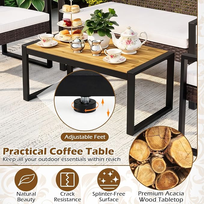 Tangkula 4-Piece Patio Conversation Set, Outdoor Furniture Set w/2 Single Chairs, Cushioned Loveseat & Acacia Wood Coffee Table, PE Wicker Seating Set w/Metal Frame & Adjustable Feet for Yard (Brown)