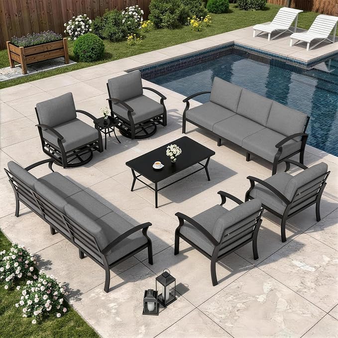 Kurapika Aluminum Patio Furniture Set 10-Seat Modern Metal Outdoor Conversation Sets w/Swivel Rocking Chairs Patio Sectional Sofa w/5.1 Inch Cushion with Rectangular Coffee Table, Grey