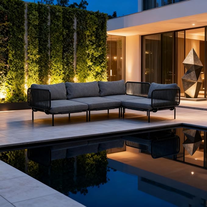 Crestlive Products Outdoor Patio Furniture Set, 4 Seater Modular Oversized Patio Conversation Set with Cushions, Modern Metal Sectional Outdoor Couch for Backyard, Deck, Porch, or Poolside, Dark Grey