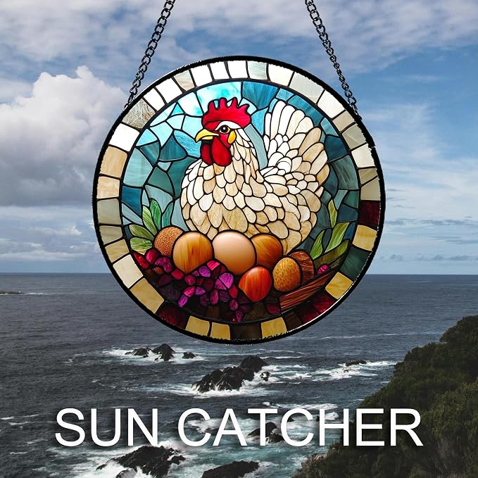 DASTOLL Stained Glass Window Hanging White Chicken Hatching Eggs 6.3" - Suncatcher Door Garden Sunroom Sun Catcher Home Decor Birthday Christmas for Mom Men Woman Nana