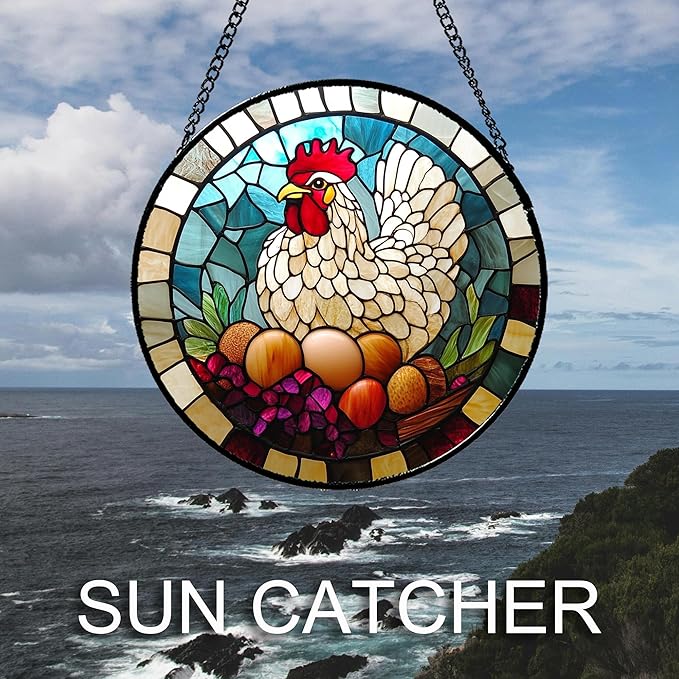 DASTOLL Stained Glass Window Hanging White Chicken Hatching Eggs Large 15" - Suncatcher Door Garden Sunroom Sun Catcher Home Decor Birthday Christmas for Mom Men Woman Nana