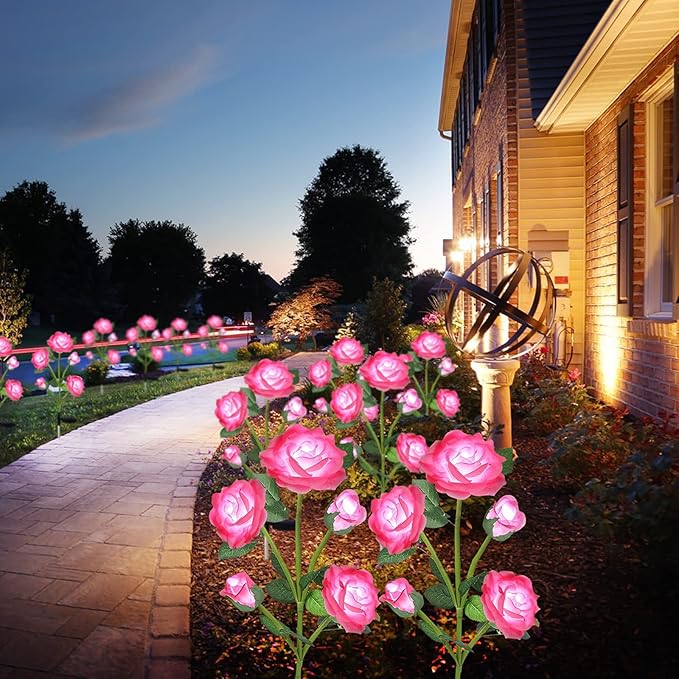 Solar Flower Lights Garden Decorations Outdoor Waterproof [Updated] 2 Packs 10 Pink Roses Solar Decorative Stake Lights for Patio Pathway Yard Lawn Decor Gifts