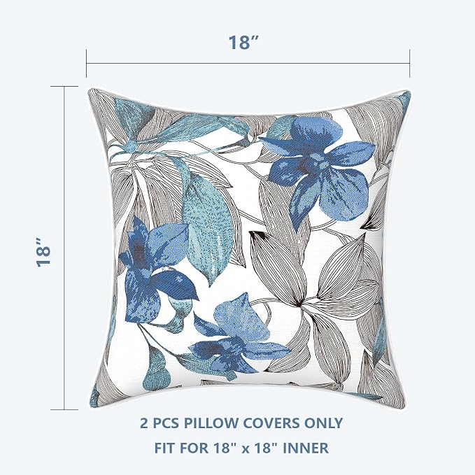 LVTXIII Outdoor/Indoor Pillow Covers, Patio Fade Resistant Throw Pillow Covers ONLY, Waterproof Farmhouse Accent Cushion Cases for Sofa Patio Couch Decoration 18"x18" Set of 2, Clemens Noir Blue