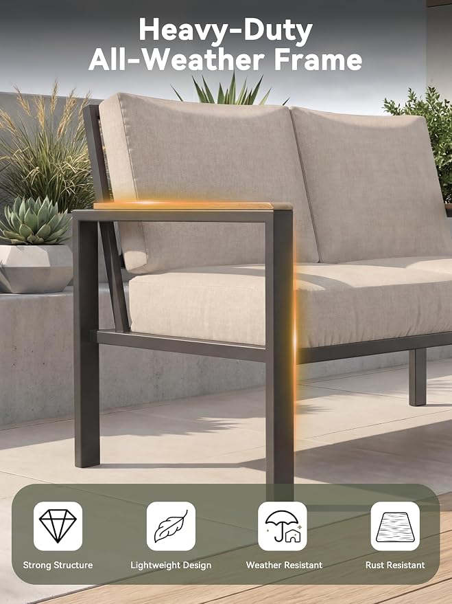 5-Piece Patio Furniture Set with Fire Pit Table & Coffee Table & Removable Washable Cushions, All-Weather Metal Frame and Wood-Like Armrests for Porch, Garden, Balcony,Beige