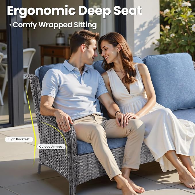 ovios 7 Pieces Patio Furniture Set with 30 inch Fire Pit Table, Outdoor Wicker Sofa Couch Swivel Rocking Glider Chairs, Modern Luxury Conversation Set, Grey Rattan, Denim Blue