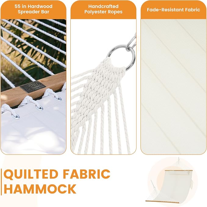 Lazy Daze Hammocks 10.5FT 2 Person Double Quilted Fabric Hammock with Spreader Bar, Detachable Pillow, Side Pocket, Carabiners, Chains, Straps for Outdoor, 450lbs Capacity, Beige