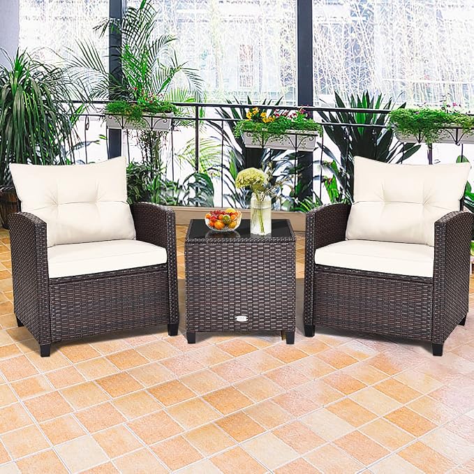 COSTWAY 3PCS Patio Furniture Set, PE Rattan Wicker Sofa w/Washable Cushion and Coffee Table, Tempered Glass Tabletop, Outdoor Conversation Set for Balcony, Porch, Yard, Backyard, Lawn, White