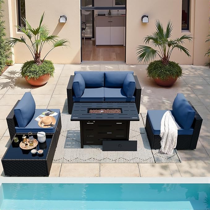 SUNLEI 5 Piece Outdoor Patio Furniture Set with Fire Pit Table, Black PE Rattan Wicker Conversation Sofa Set with Blue Cushions, All Weather Sectional Patio Couch for Backyard, Deck, Garden, Porch