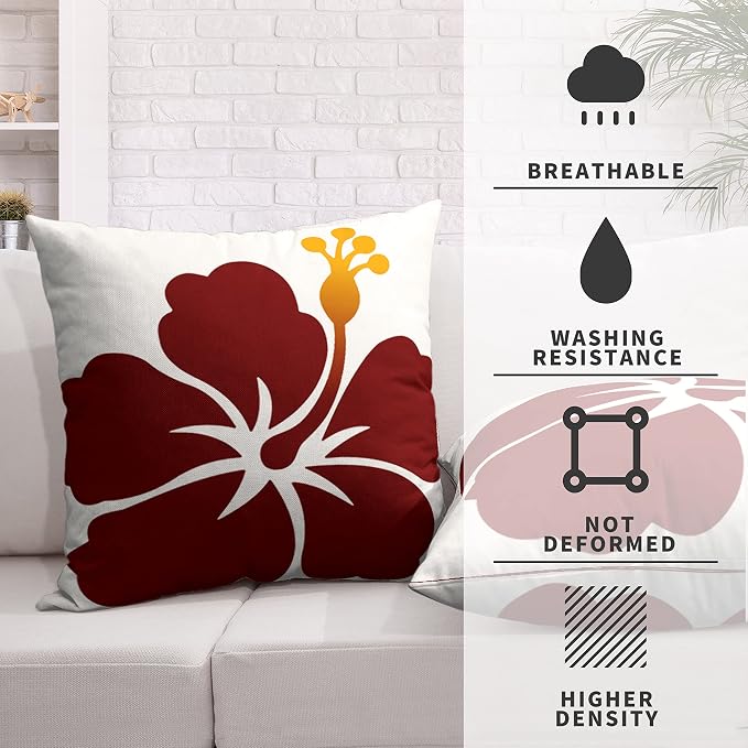 Hawaiian Hibiscus Flowers Throw Pillow Covers Pack of 2 Tropical Plant Decorative Pillow Covers Summer Floral Linen Square Cushion Covers 20x20 for Couch Sofa Living Room