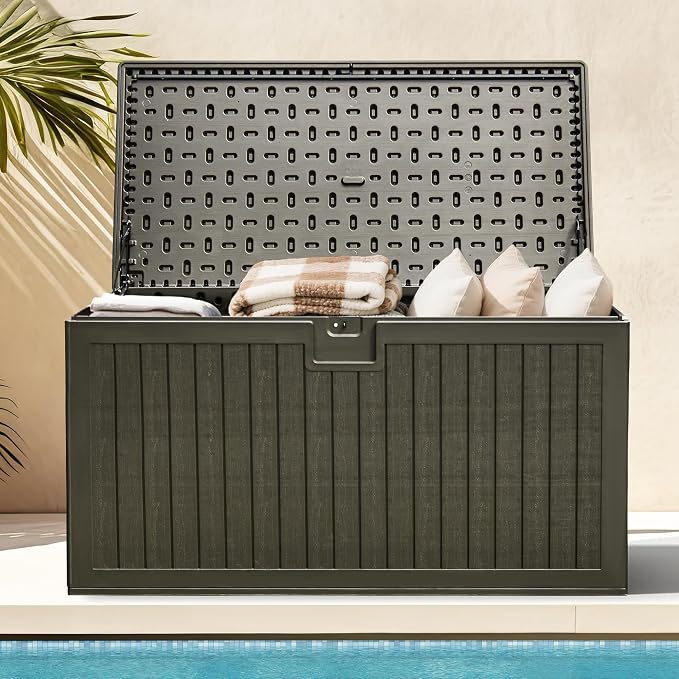 DWVO 230 Gallon Resin Outdoor Storage Box, XXL Double-Wall Waterproof Deck Box with Divider, Doubles as Table or Seating with 1000 lbs Capacity, Lockable (Light Brown)