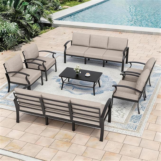 Kurapika Aluminum Patio Furniture Set 10-Seat Modern Metal Outdoor Conversation Sets w/5.1 Inch Cushion Patio Sectional Sofa with Rectangular Coffee Table, Sand