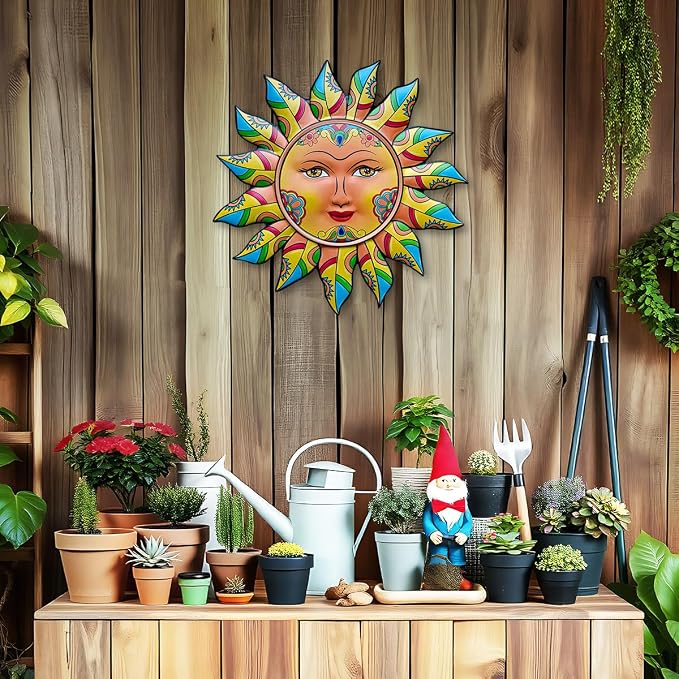 Daogtc Metal Sun Wall Decor - Sun Flower Wall Art Decoration,Hanging Decoration for Home Garden Farmhouse Yard Patio Fence Living Room Bedroom (SUN-G)