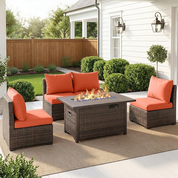 5 Pieces Patio Furniture Set with Fire Pit Table, Outdoor PE Rattan Sectional Sofa with Soft Cushions for Backyard, Porch, and Poolside (Red, 5 PCS w/Firepit)