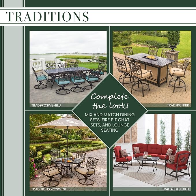 Hanover Traditions 7-Piece Outdoor Dining Set for 6 with Blue Cushions, 6 Swivel Rockers and Aluminum Rectangular Dining Table, Rust-Resistant, Patio Dining Set