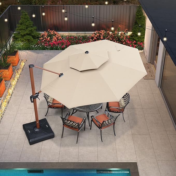 PURPLE LEAF 11 Feet Wood Pattern Round Patio Umbrella With Base Double Top Deluxe Umbrellas Cantilever Outdoor Umbrella Garden Umbrellas Deck Pool Umbrella, Heather Beige
