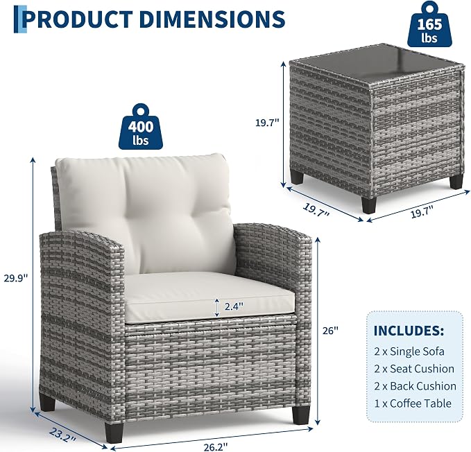 Garvee 3 Piece PE Rattan Patio Furniture Set, Outdoor Chairs and Table Set with Tempered Glass Tabletop and Cushions, Patio Conversation Set for Patio, Balcony, Poolside, Grey and Beige