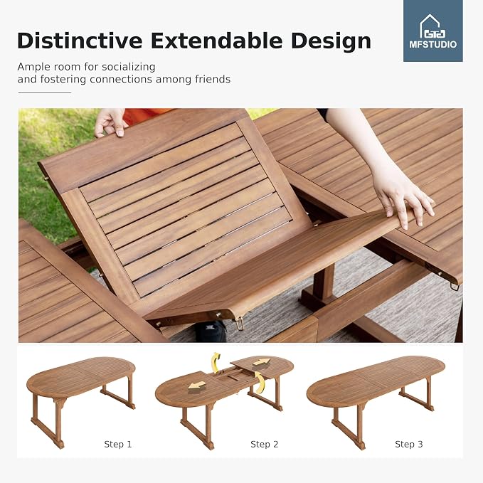 MFSTUDIO Teak Outdoor Dining Set for 6, Outdoor Wood Table and Chairs, Patio Expandable Dining Table with Rattan Chairs, 7 Pieces Wood Outdoor Patio Dining Furniture Set