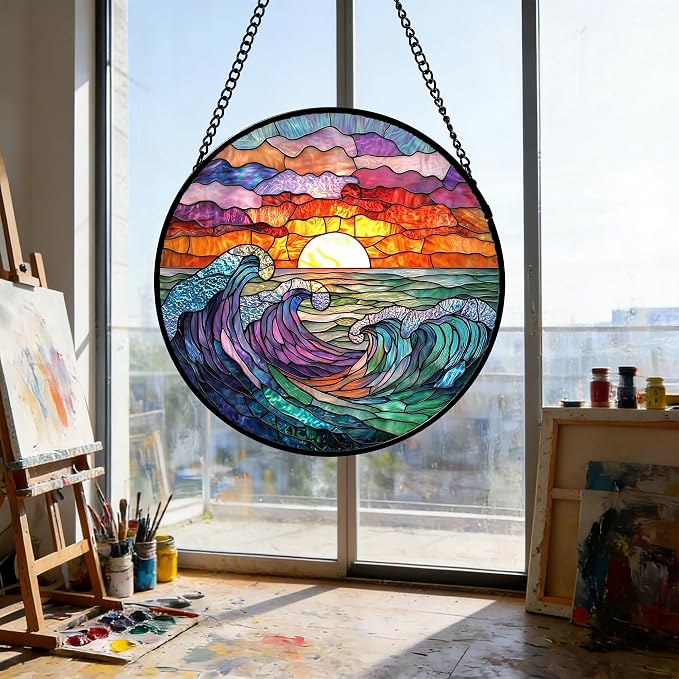 DASTOLL Stained Glass Window Hanging, Clouds and Sea Waves Suncatcher Diamond Glass Panel Hangings Scenery Sun Catchers Decor for Birthday for Women, Men, Wife, Aunt, and Mom 14.9 in