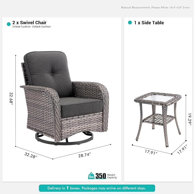 Wicker Rocking Chair Swivel Chairs - 3 Piece Rocker Glider Patio Chairs Set Rattan Rocking Chair for Outdoor Porch Deck Garden Backyard,Black