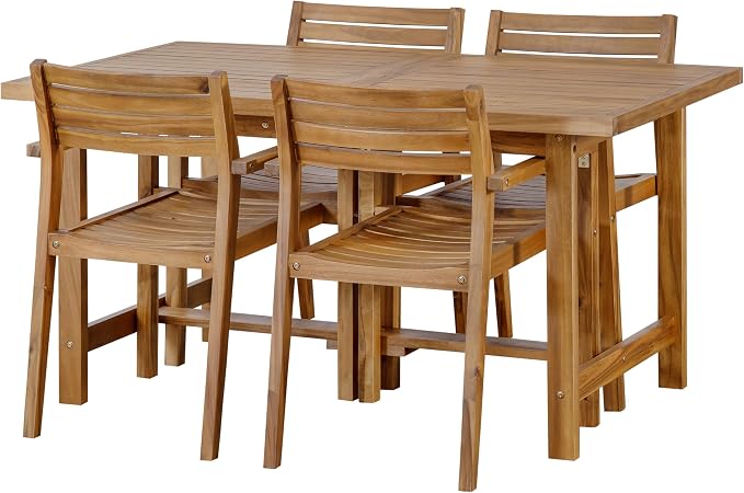 VilroCaz 5-Piece Outdoor Acacia Wood Outdoor Dining Set, All-Weather 59'' Rectangular Table with Umbrella Hole and 4 Armchair for Patio Lawn Garden Poolside (Natural-U27)
