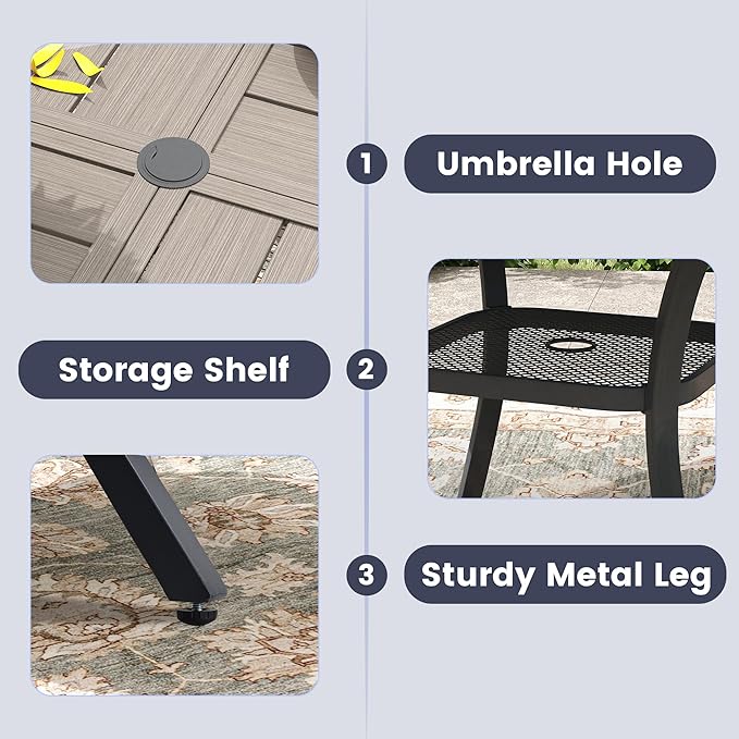 VICLLAX 5 Pieces Patio Dining Set, Patio Furniture Set of 4 Patio Swivel Dining Chairs and 40.6" Patio Spliced Round Tabletop with Storage Shelf, Grey Chairs & Antique Grey Tabletop