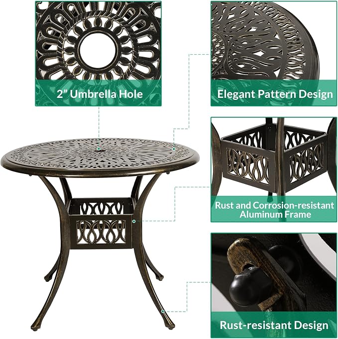 VIVIJASON 5-Piece Outdoor Patio Dining Set, All-Weather Cast Aluminum Conversation Set, Patio Furniture Set for Balcony, Include 4 Swivel Cushioned Chairs, 1 Round Table w/Umbrella Hole, Red Cushion