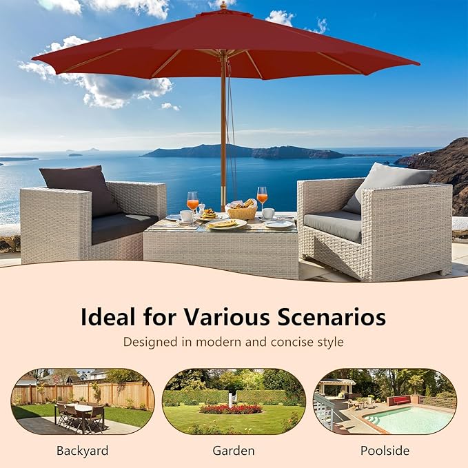 HAPPYGRILL 10 FT Wooden Patio Umbrella with Rope Pulley Lift, 8 Bamboo Ribs, 3 Adjustable Heights, Vented Roof, Outdoor Table Umbrella for Garden Poolside Backyard (Wine)