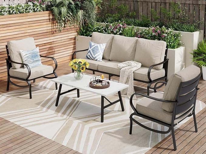 PHI VILLA 4 PCS Patio Furniture Set with 1 x 3-Seat Bench Sofa, 2 x Fixed Sofa Chair & 1 Coffee Table, All Cushioned Outdoor Conversation Set for 5