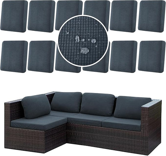 CALBODE 12Pcs Stretch Couch Cushion Covers, Water Resistant Outdoor Sofa Cuhsion Cover Replacement,Washable Outdoor Patio Chair Seat Cushion Covers for Furniture Protect (Charcoal Gray, Grid Textured)