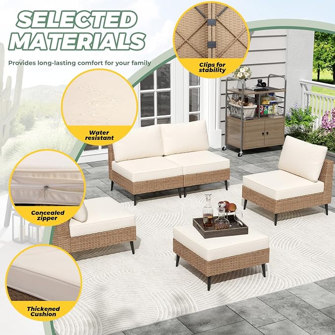 LVUYOYO 5 Pieces Outdoor Patio Furniture Set, Wicker Sectional Sofa Couch, Rattan Conversation Sets with Cushions for Deck, Backyard, Porch (Khaki)