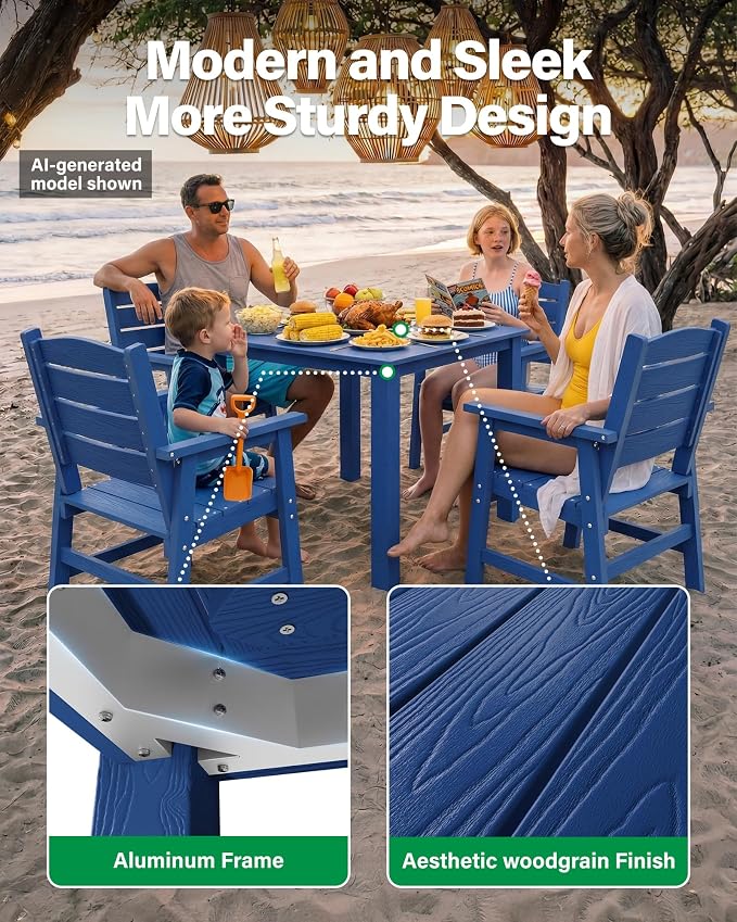 YEFU Outdoor Patio Table HIPS: Square Wood Grain Waterproof Easy-Clean All-Weather Patio Dining Table - Rust-Resistant Modern Outdoor Dining Table for Backyard Garden Deck Poolside（Navy）