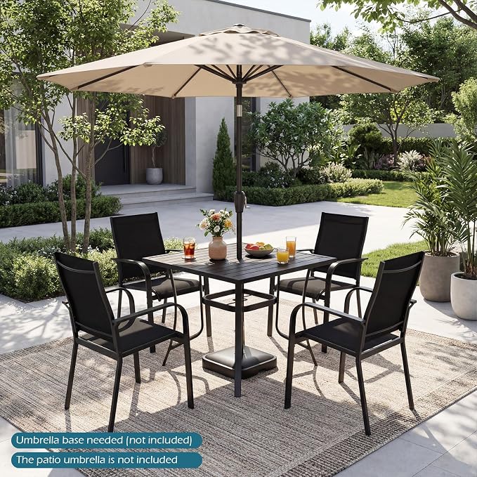 Tangkula 5 Pieces Patio Dining Set for 4, Outdoor Square Table and Stackable Chairs with Umbrella Hole, Outside Furniture Set for Backyard, Garden and Deck (37",Black)