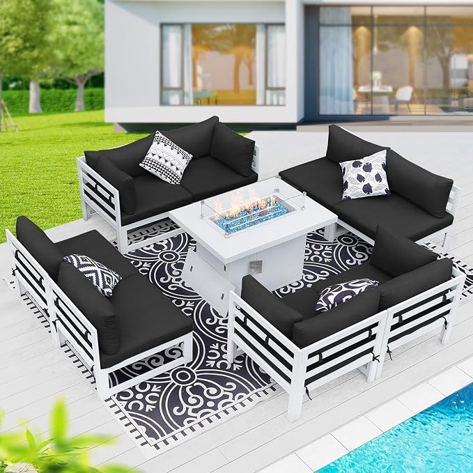 BULEXYARD 9 Pcs Large Modern Aluminum Outdoor Sofa with Rectangular Fire Pit Table, 29" Deep Wide Seat, 500 lbs Durable Sectional Set for Heavy People, All-Weather Patio Furniture Set for Deck, Black