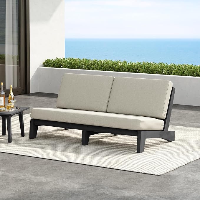 Outdoor Furniture Patio Couch, Weather Resistant 3-Seater Patio Sofa with Removable Cushion, Black Solid Wood Frame for Porch & Backyard Seating - Light Camel