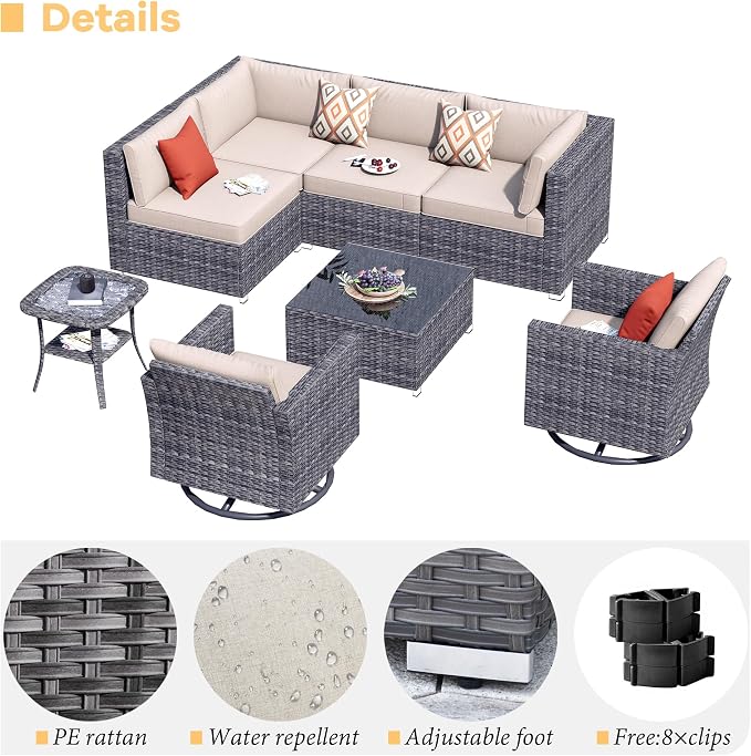 HOOOWOOO 8 Piece Patio Sectional Furniture Set with Swivel Rocking Chairs,Modern Wicker Outdoor Conversation Sofa Sets,Weather Resistant Modular L Shaped Outside Couch Set(Beige)