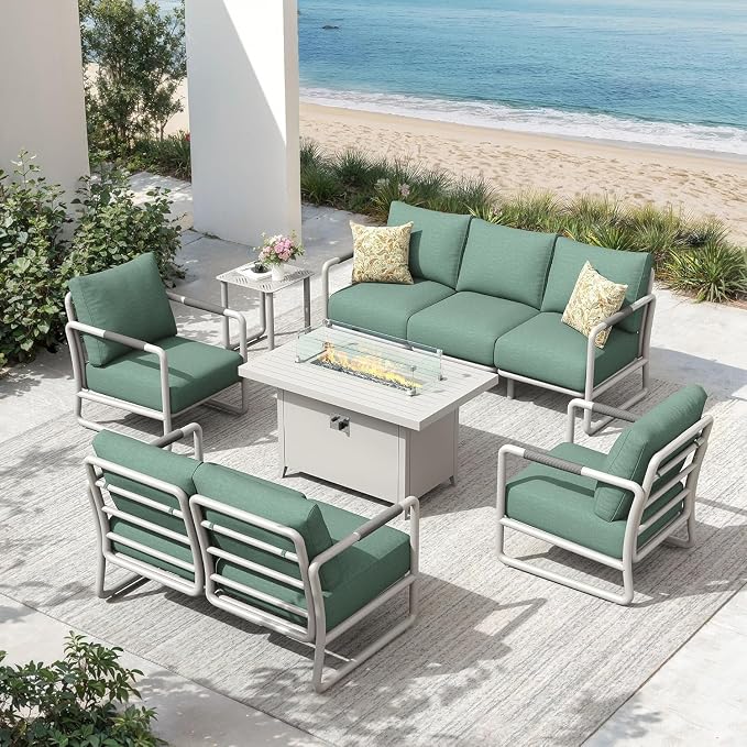 7-Seat Aluminum Patio Conversation Set, Modern Outdoor Sofa with Oversized Fire Pit Table (Glass Wind Guard), 6.5" Thick Cushions, All-Weather for Balcony, Garden (White)