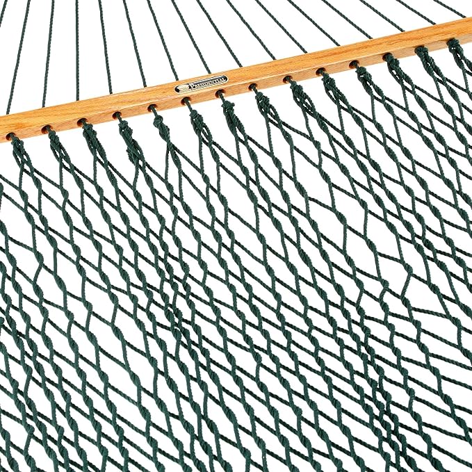 Original Pawleys Island Deluxe Green DuraCord Rope Hammock – 13 ft. x 65 in, 2-Person, 450 lb Capacity, Oak Spreader Bar, Zinc-Plated Hardware, Handcrafted in the USA