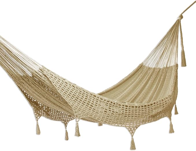 NOVICA Handmade Double Cotton Hammock Hand-Woven in Grey with Thick Tassels, Ideal for Camping and Outdoor Relaxation - 150" L with Hanging Accessories Included, Mirage in Grey'