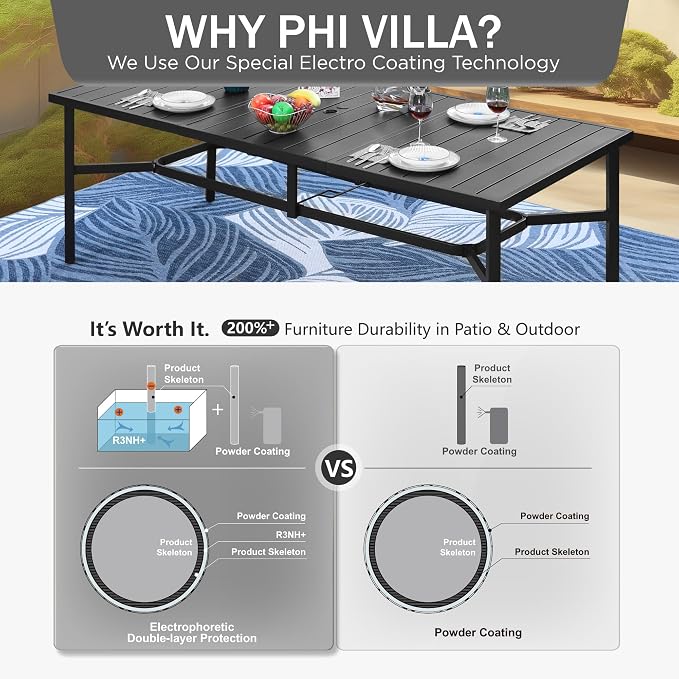 PHI VILLA Outdoor Dining Set for 8 w/Metal Table & Folding Chairs, Black | Light-weight & space-saving, Breathable & quick-drying, Rectangular, Umbrella Hole, Weather-Resistant, Adjustable, Patio deck