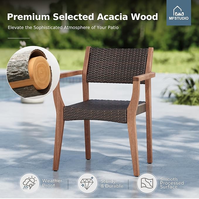 MFSTUDIO Outdoor Patio Chairs Set of 2, Outdoor Teak Wood Chairs for Table, All-Weather Seating Chair w/Wicker Back & Seat, Porch, Backyard