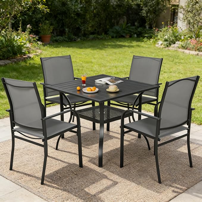 SUNCROWN 5 - Piece Outdoor Dining Set, Patio Furniture Set with 4 x Textilene Dinning Chairs and 1 Steel Slat Metal Bistro Table for Lawn Garden Backyard Deck, Grey