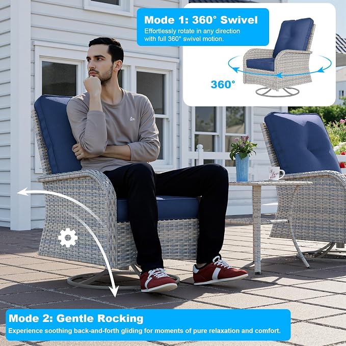 17-Piece Patio Furniture Set, Outdoor Patio Furniture with Swivel Chairs Set, Thick Cushions, Modular Patio Sofa, Dual-Strand Wicker Rattan, Rust-Resistant Frame, Deep Blue