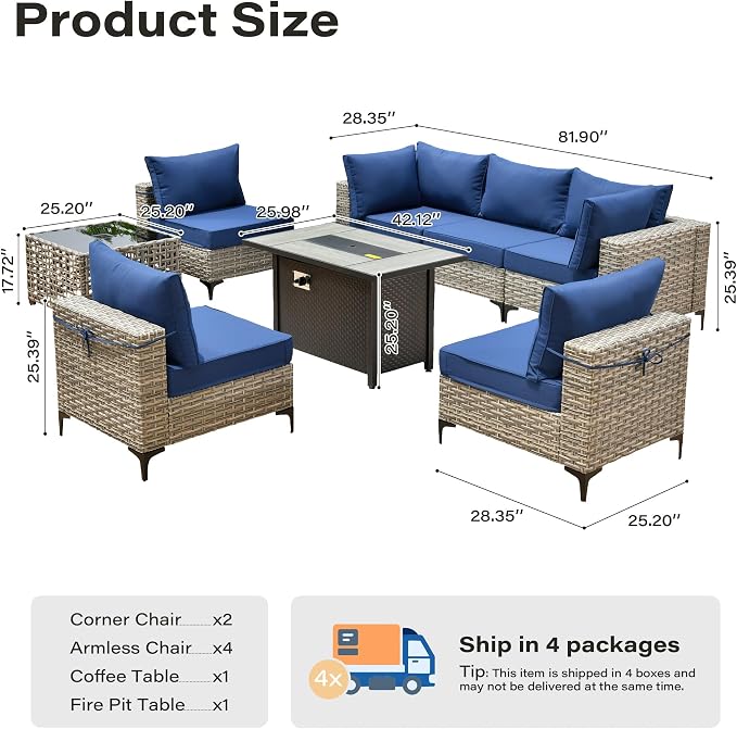8 Pieces Patio Furniture Set with 42" Fire Pit, All-Weather Rattan Outdoor Sectional Conversation Sets L Shaped Sofas with Solar Light Coffee Table for Porch Balcony Backyard Navy Blue