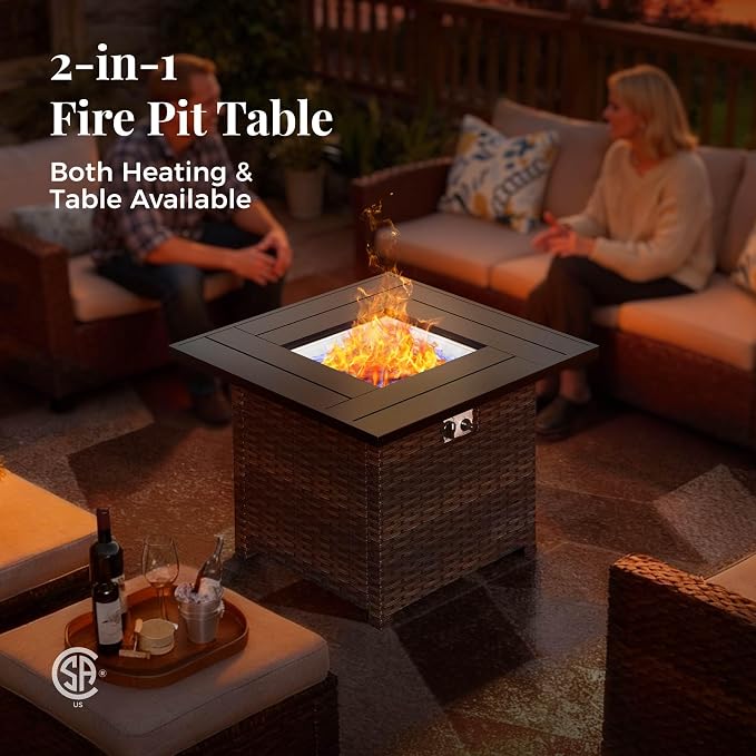 MIXPATIO Patio Furniture Set, 7 Pcs Wicker Outdoor Conversation Set, 2 x Leg Chairs, 1 x 3 Seater Sofa, 1 x 2-Seat Lover Sofa and 2 x Ottomans with 4" Thick Cushion and 32" Fire Pit Table, Beige